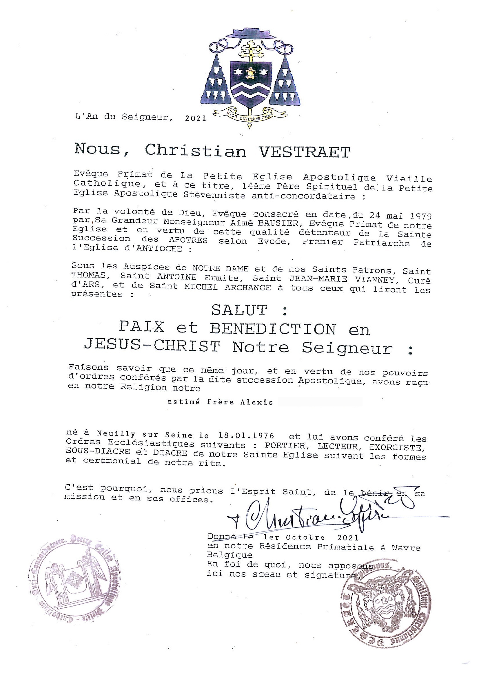 Lettre Missorial 2021 — Ordination Diacre